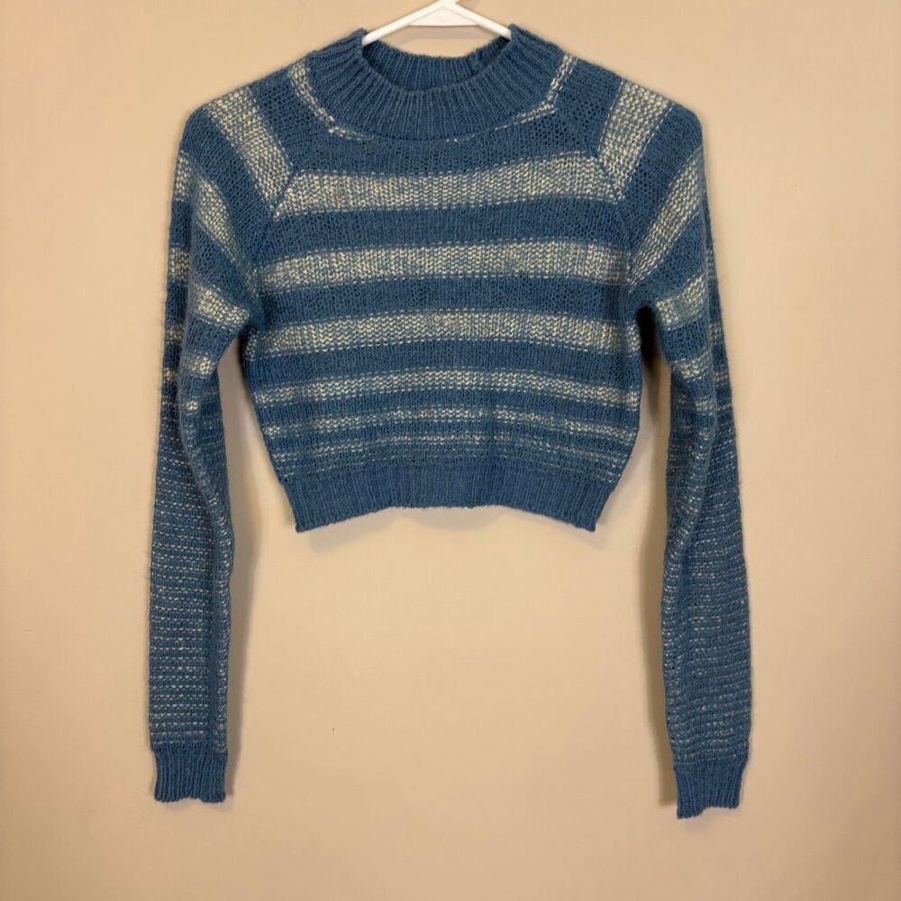 Zara Blue & White Striped Mock Neck Cropped Wool Blend Sweater Size Small